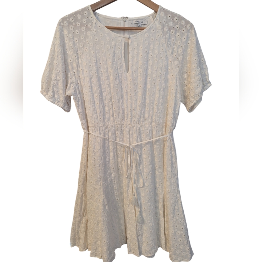 MADEWELL Eyelet Tassel-Tie Mini Dress Size 10 Cream/Ivory - Picture 3 of 9